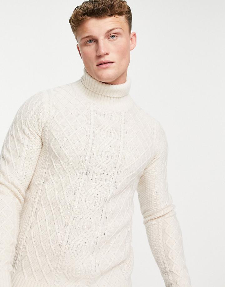 Gianni Feraud Waffle Cable Knitted Roll Neck Sweater-white