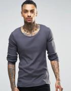 Asos Rib Extreme Muscle Long Sleeve T-shirt With Scoop Neck In Washed Black - Washed Black