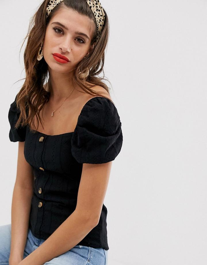 River Island Button Through Top With Puff Sleeves In Black