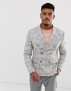Asos Design Skinny Double Breasted Linen Blazer With Check In Gray - Gray