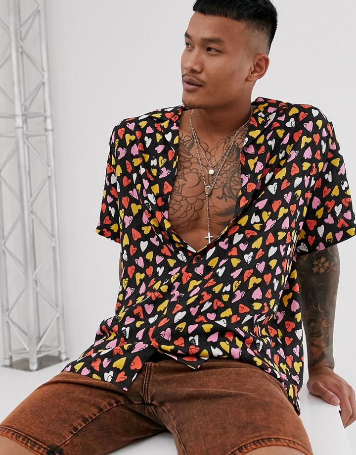 Asos Design Viscose Relaxed Fit Shirt In Heart Doodle Print-black