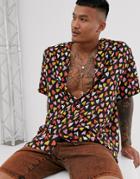 Asos Design Viscose Relaxed Fit Shirt In Heart Doodle Print-black