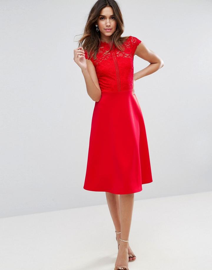 Asos High Neck Midi Skater Dress With Lace Top - Red