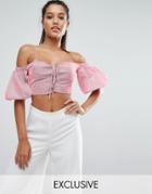 Naanaa Off Shoulder Pinstripe Crop Top With Lace Up Front - Red