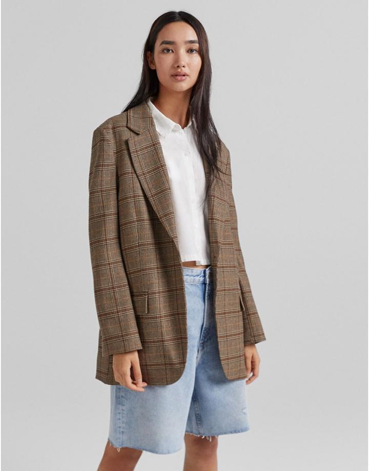 Bershka Heritage Blazer In Chocolate-brown