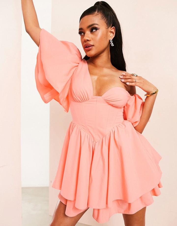 Asos Luxe Off Shoulder Cotton Dress With Corset Detail And Ruffles In Peach-pink