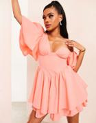 Asos Luxe Off Shoulder Cotton Dress With Corset Detail And Ruffles In Peach-pink