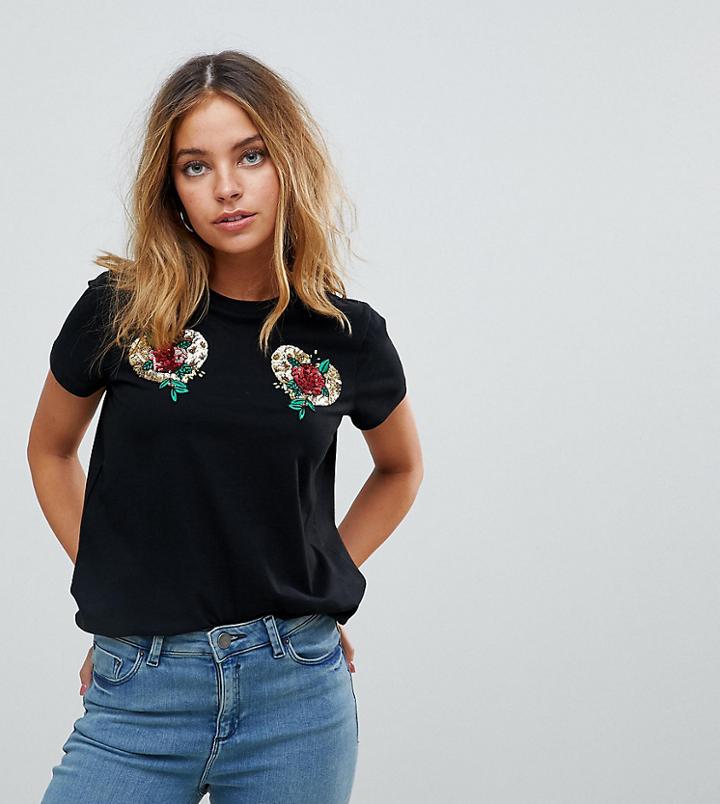 Asos Petite T-shirt With Mirror Sequin Badge Placement - Black