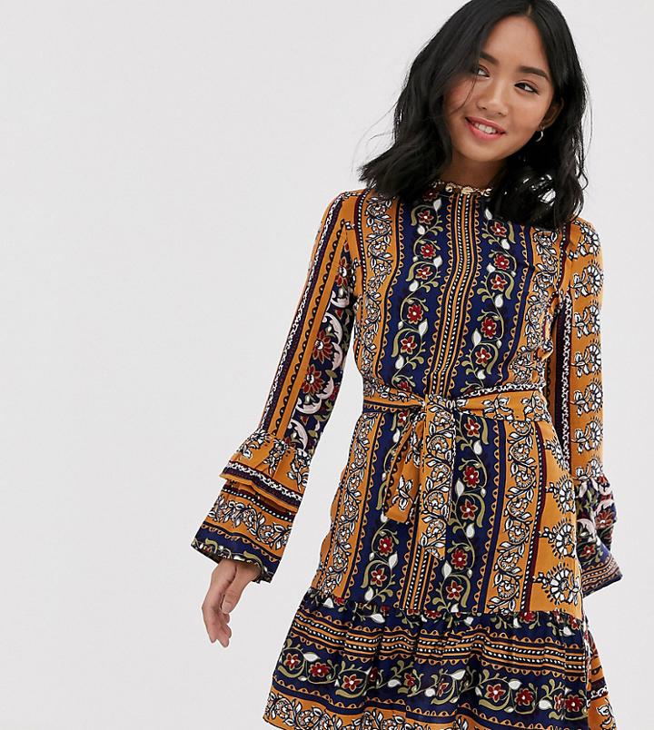 Parisian Petite Dress In Mix Print With Self Tie Belt - Multi