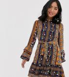 Parisian Petite Dress In Mix Print With Self Tie Belt - Multi