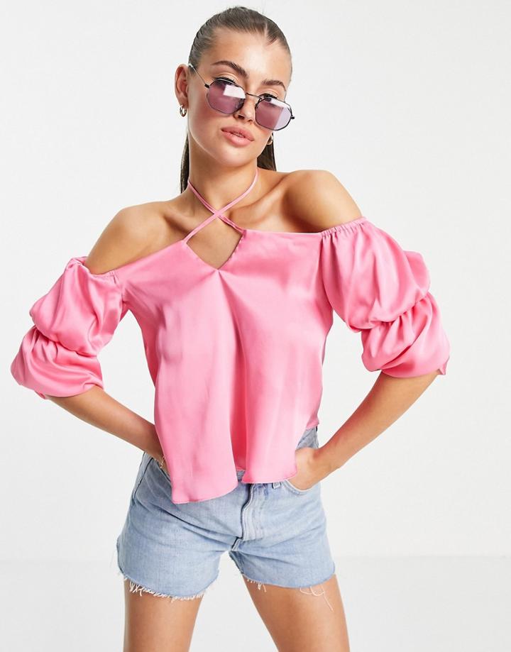 River Island Satin Puff Sleeve Bardot Top In Pink