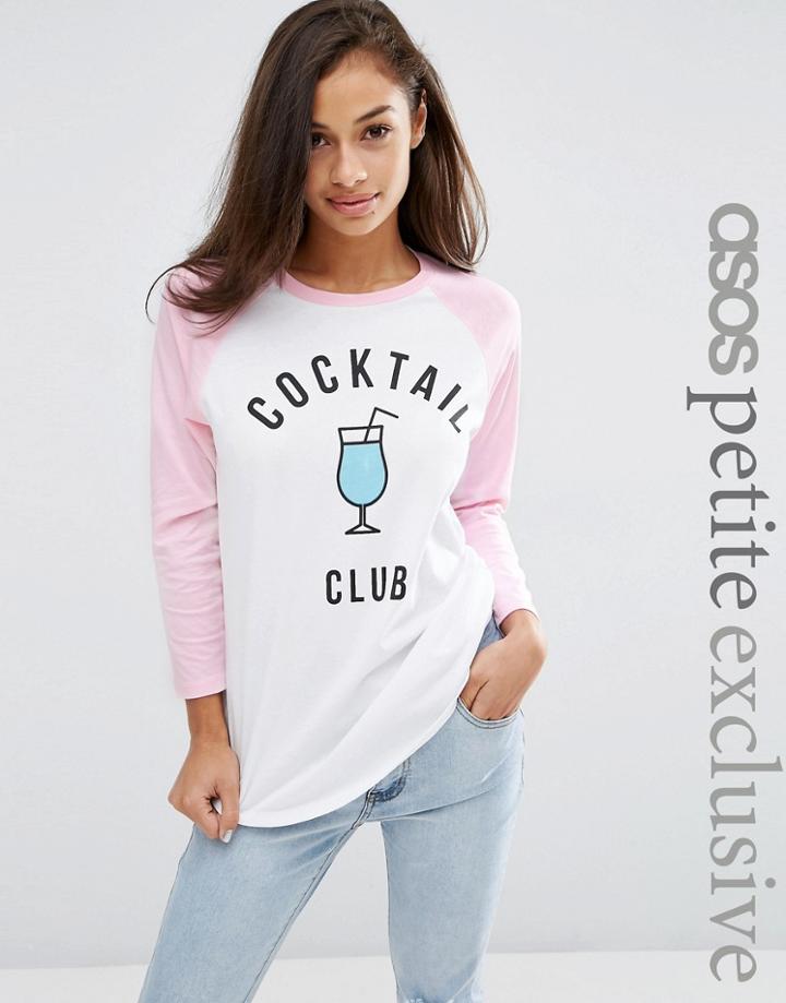 Asos Petite Exclusive Top With Contrast Sleeve And Cocktail Club Print - Multi