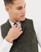 Asos Design Slim Suit Vest In 100% Wool Harris Tweed Khaki Micro Check - Green