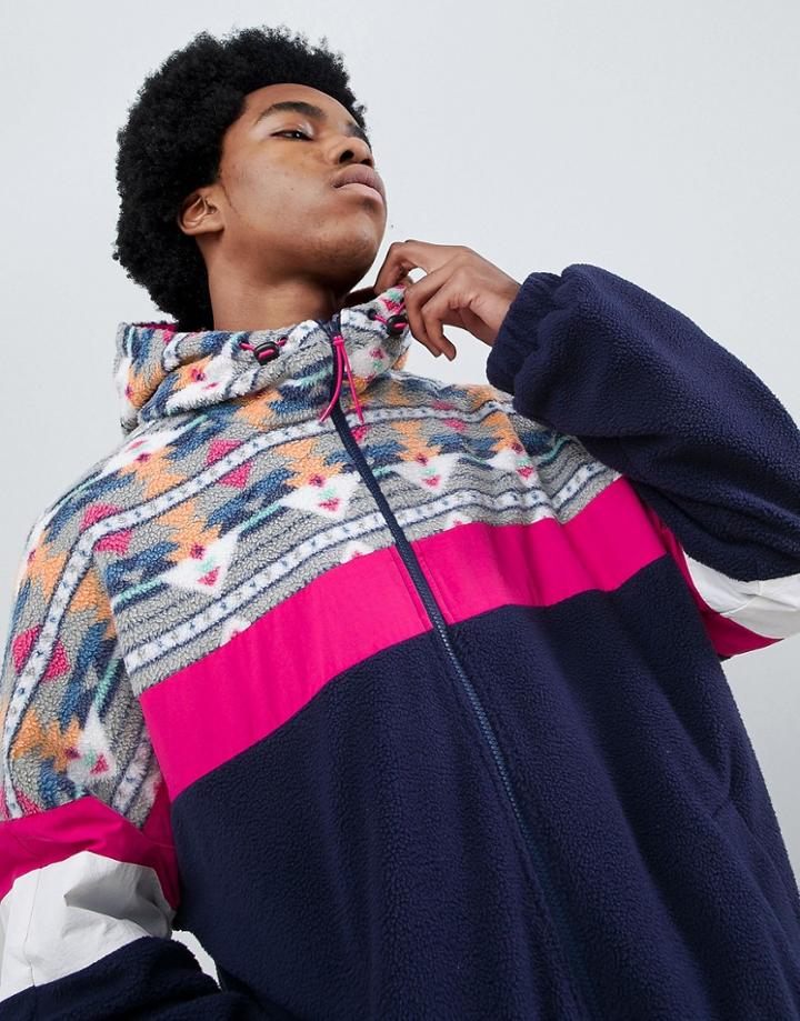 Asos Design Festival Overhead Fleece Windbreaker With Geo-tribal Print - Gray