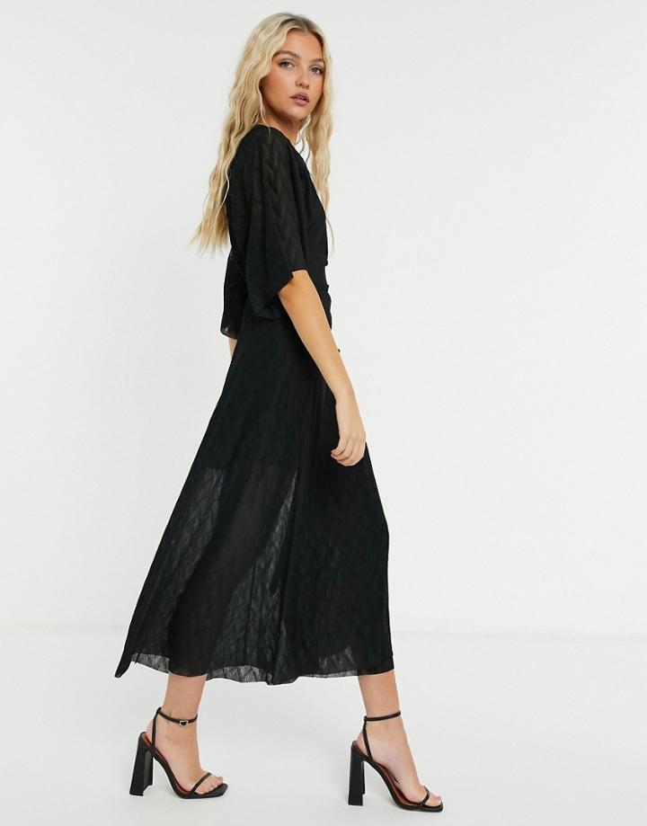 Liquorish Wrap Midi Crinkled Dress In Black