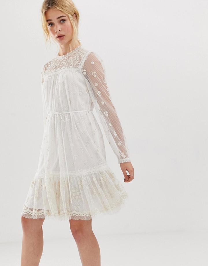 Needle & Thread Embroidered Midi Smock Dress With Tie Waist In Ivory - White