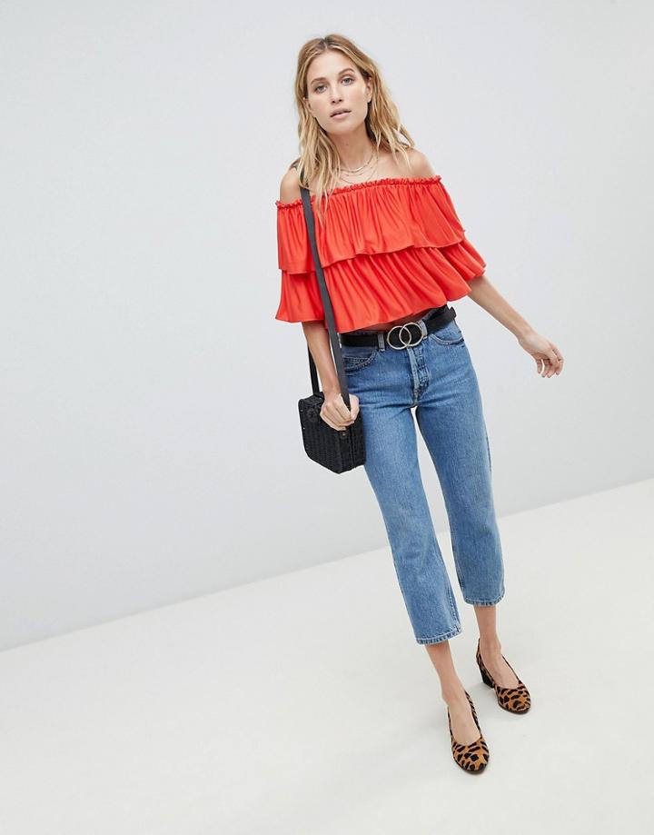 Asos Design Off Shoulder Crop Top With Slinky Ruffle - Orange