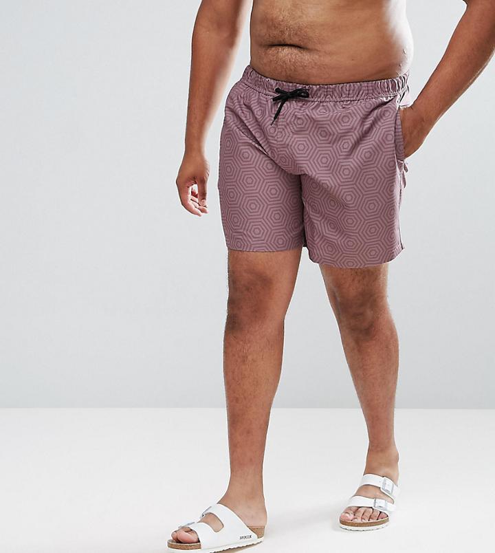 Asos Plus Swim Shorts With Geometric Print In Pink Mid Length - Pink