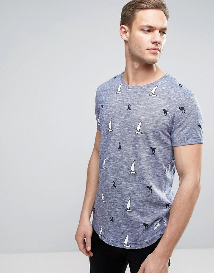 Esprit Crew Neck T-shirt With All Over Shark Print - Navy