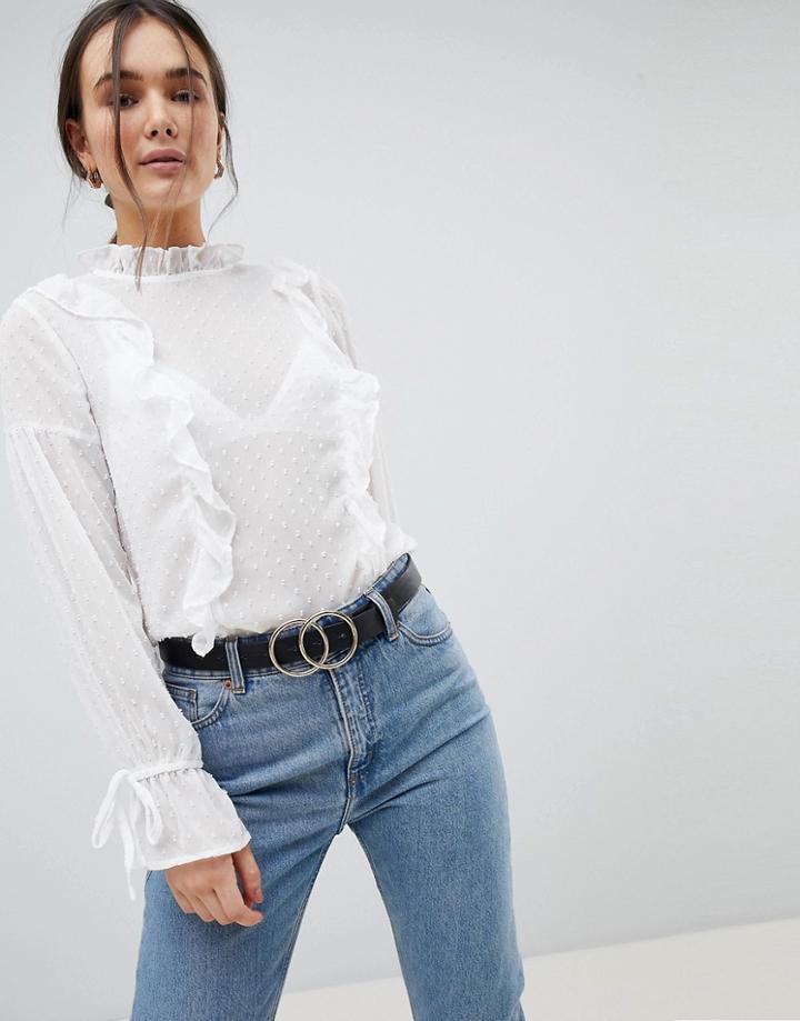 Qed London Dobby Chiffon High Neck Frill Detail Blouse - Cream