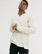 Asos Design Oversized Long Sleeve T-shirt With Raw Notch Neck In Beige