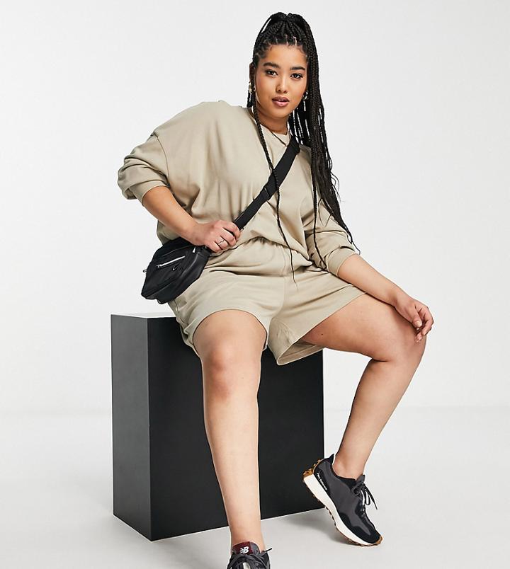 Asos Design Curve Organic Blend Summerweight Tracksuit Sweatshirt / Slouchy Sweat Short In Neutral