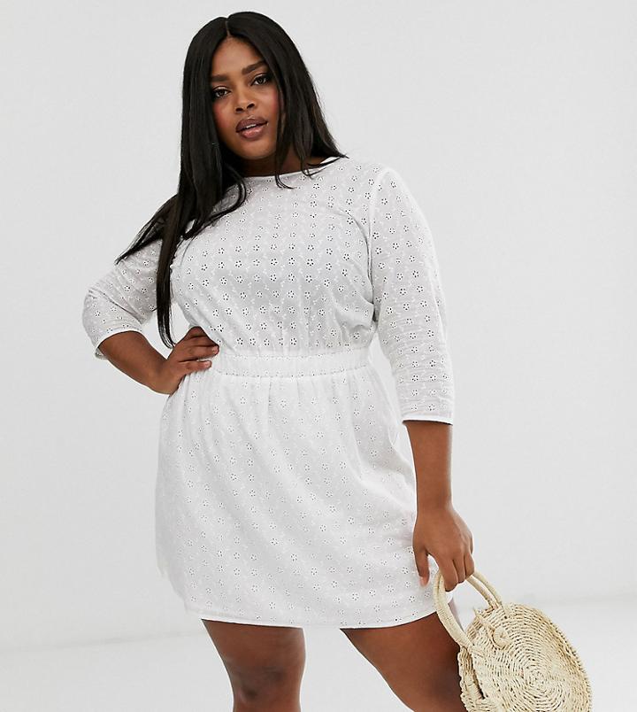 Asos Design Curve Casual Elasticated Mini Dress In Broderie-white