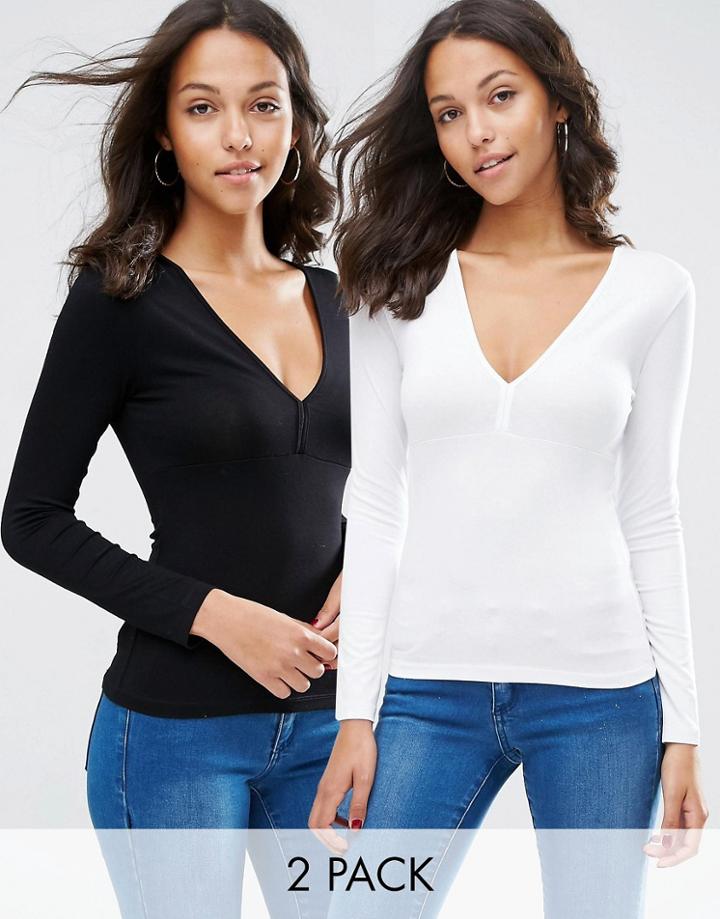 Asos Plunge Neck Top With Long Sleeves 2 Pack Save 10%