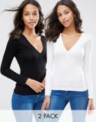 Asos Plunge Neck Top With Long Sleeves 2 Pack Save 10%