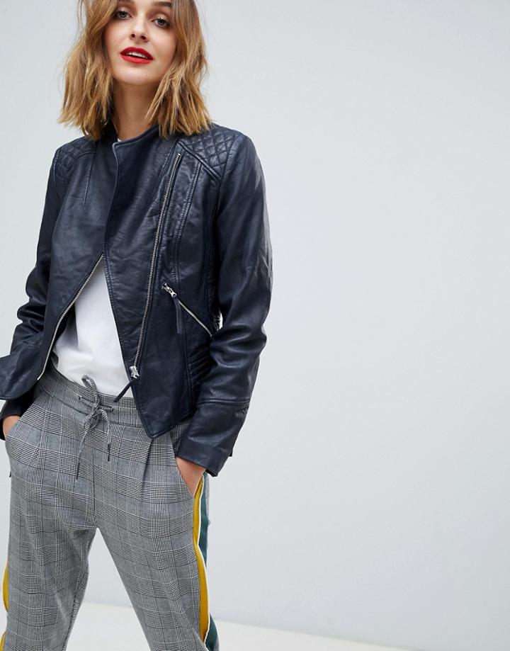 Esprit Real Leather Biker Jacket - Navy