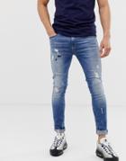 Jack & Jones Intelligence Skinny Fit Jeans With Paint Spray Detail In Blue - Blue