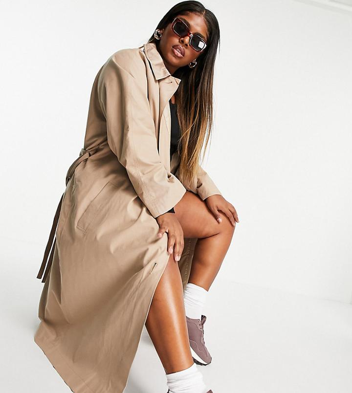 Asos Design Curve Sateen Detail Boyfriend Trench Coat In Mocha-neutral