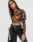 Asos Design Long Sleeve Top With Puff Sleeve In Paisley Print - Multi