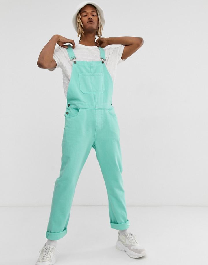 Asos Design Denim Overalls In Green - Blue