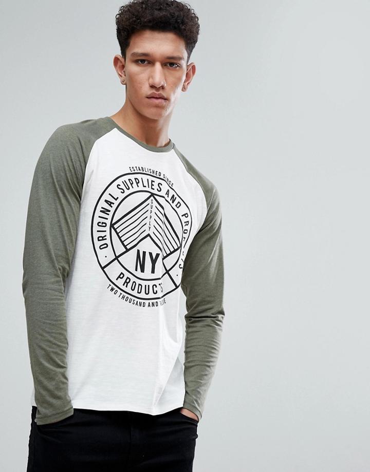 Threadbare Raglan Contrast Print Long Sleeve Top - Green