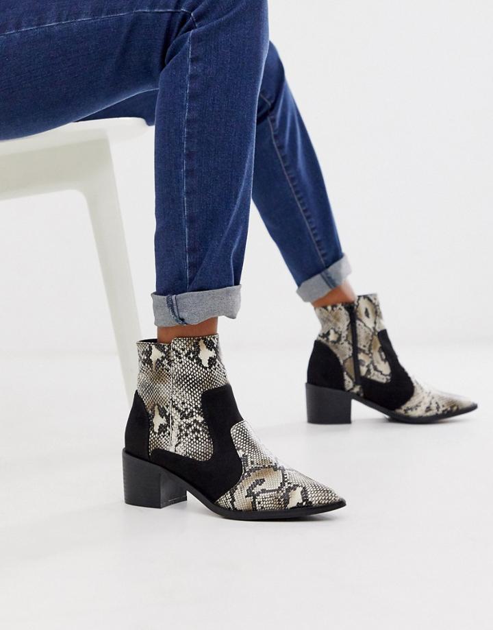 London Rebel Kitten Heel Western Boots In Snake-beige