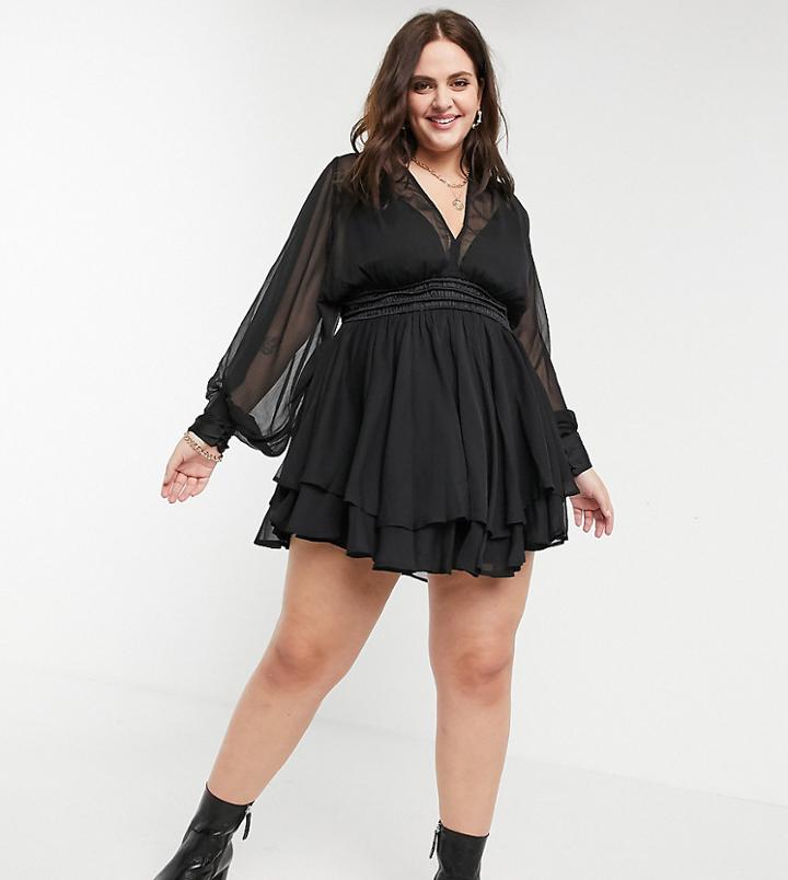 Asos Design Curve Mini Dress With Smocked Satin Waist And Lace-up Back Detail-black