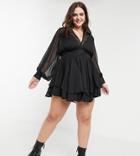 Asos Design Curve Mini Dress With Smocked Satin Waist And Lace-up Back Detail-black