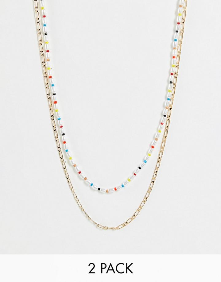 Asos Design Pack Of 2 Pearl Necklace With Rainbow Thread And Chain-multi