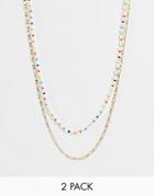 Asos Design Pack Of 2 Pearl Necklace With Rainbow Thread And Chain-multi
