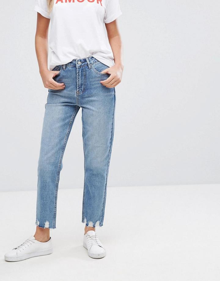 New Look Extreme Frayed Hem Mom Jeans - Blue