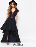 Reclaimed Vintage Ruffle Maxi Dress With Lace Up Front In Polka Dot - Navy