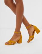 Pull & Bear Block Heel Sandal With Cross Front In Mustard - Brown