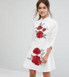 Chi Chi London Petite Jaquard Mini Dress With Mandarin Neck And Rose Embroidery - White
