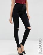 Asos Tall Rivington Denim High Waist Jeggings In Black With Two Ripped Knees - Black