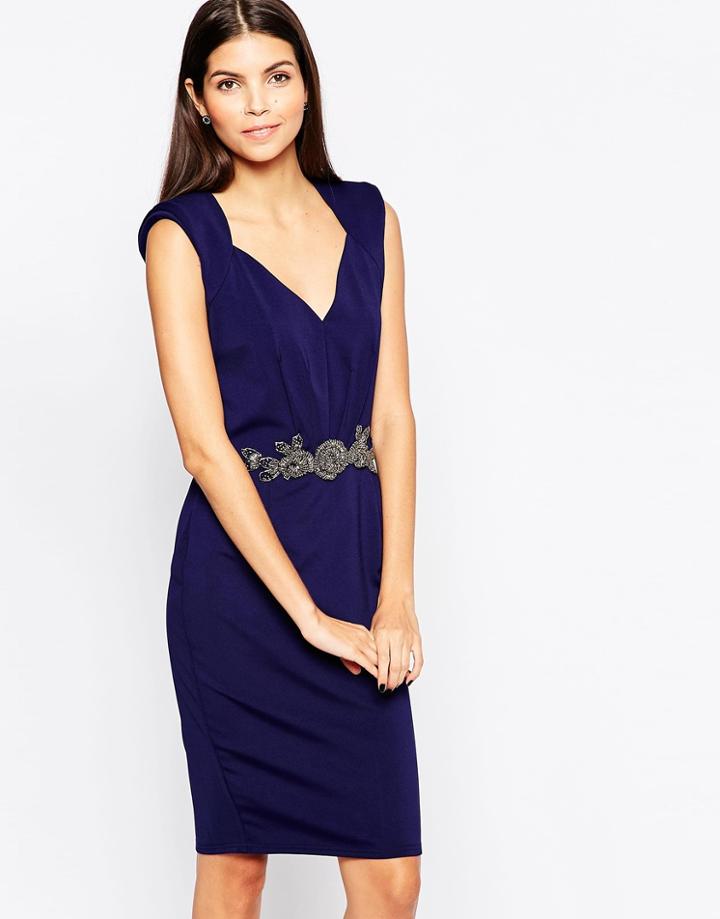 Little Mistress Body-conscious Midi Dress With Embellished Waistband V Neck - Navy