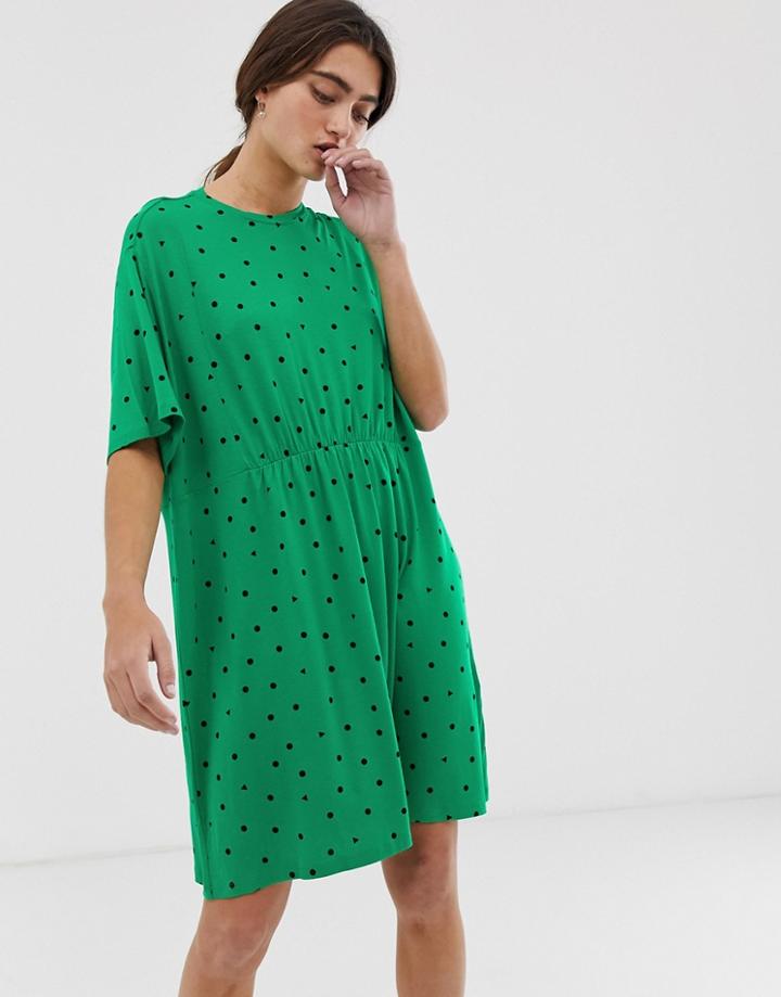 Monki Triangle Dot Print Jersey Mini Smock Dress In Green