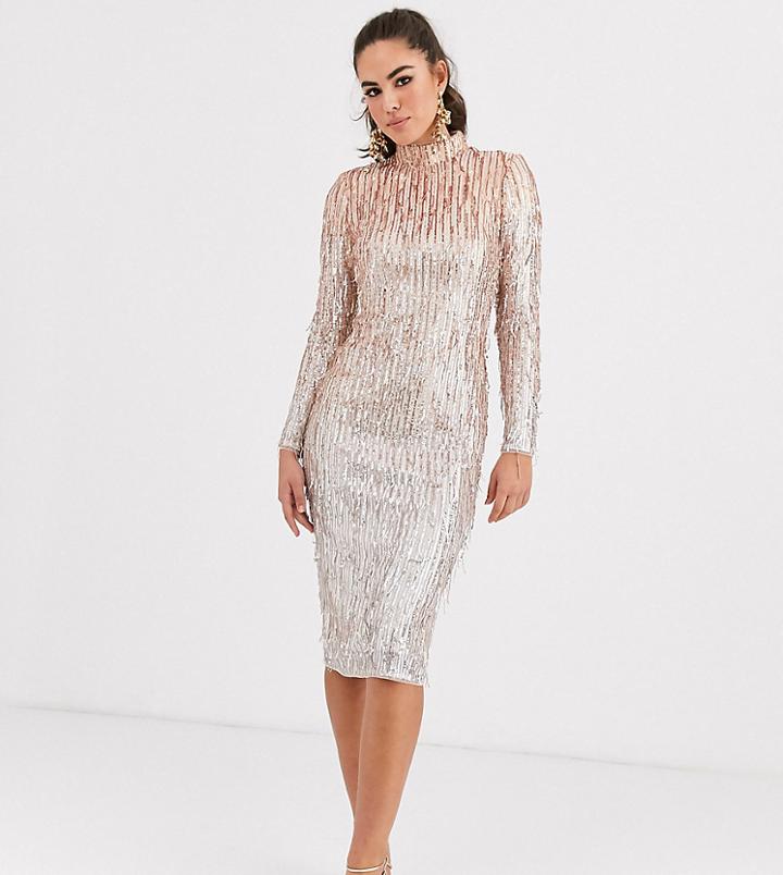 Tfnc High Neck Sequin Midi Dress In Rose Gold