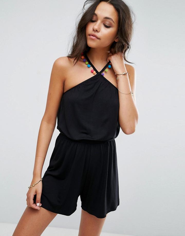 Asos Halter Neck Romper With Rainbow Pom Pom Trim - Black