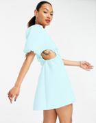 Asos Design Puff Sleeve Cut Out Channelled Aline Mini Dress In Mint-green